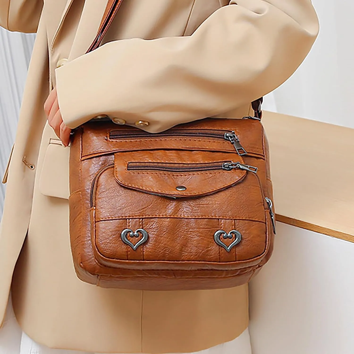 Women's Multi-Pocket Shoulder Bags Crossbody Purses and Handbags Lightweight Pocketbook Womens Shoulder Purse(Brown)