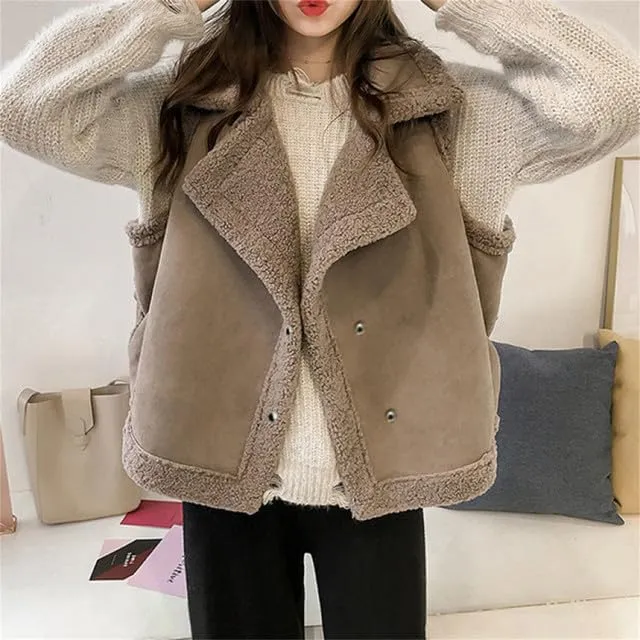 Womens Oversized Shearling Vest Button Snap Faux Fur Leather Notch Lapel Suede Sleeveless Jacket Warm Tank Coats