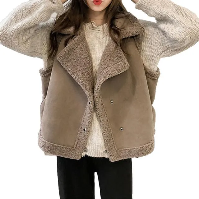 Womens Oversized Shearling Vest Button Snap Faux Fur Leather Notch Lapel Suede Sleeveless Jacket Warm Tank Coats