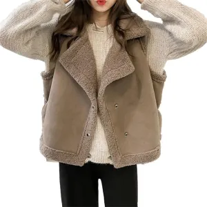 Womens Oversized Shearling Vest Button Snap Faux Fur Leather Notch Lapel Suede Sleeveless Jacket Warm Tank Coats