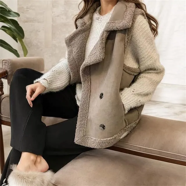Womens Oversized Shearling Vest Button Snap Faux Fur Leather Notch Lapel Suede Sleeveless Jacket Warm Tank Coats