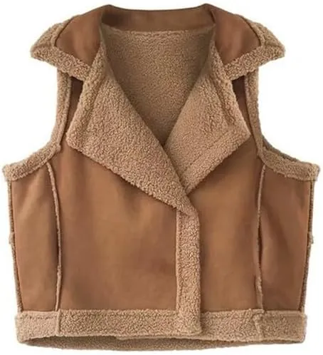 Womens Oversized Shearling Vest Button Snap Faux Fur Leather Notch Lapel Suede Sleeveless Jacket Warm Tank Coats