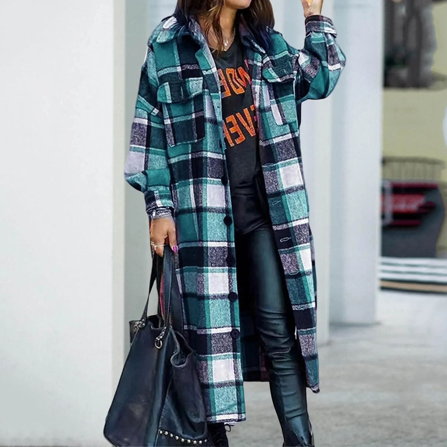 Womens Plaid Long Jacket Flannel Lapel Button Down Shirts Oversize Tartan Shacket Jacket Casual Fleece Trench Coats
