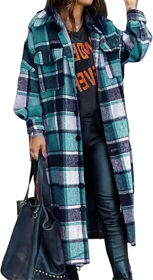Womens Plaid Long Jacket Flannel Lapel Button Down Shirts Oversize Tartan Shacket Jacket Casual Fleece Trench Coats