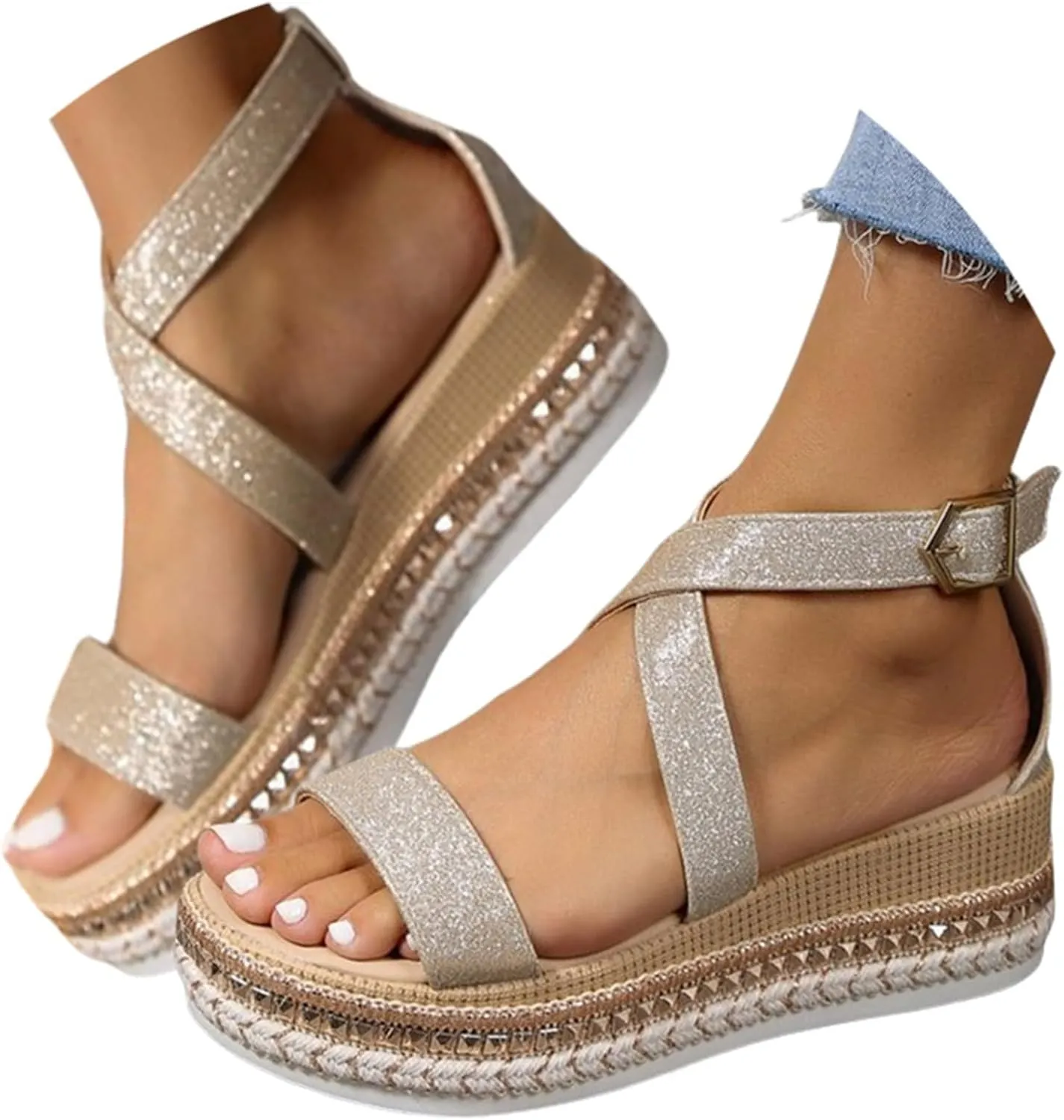 Women's Platform Sandals Buckle Ankle Strap Espadrille Open Toe Boho Wedge Sandals with Arch Support Dressy Slip On Walking Shoes
