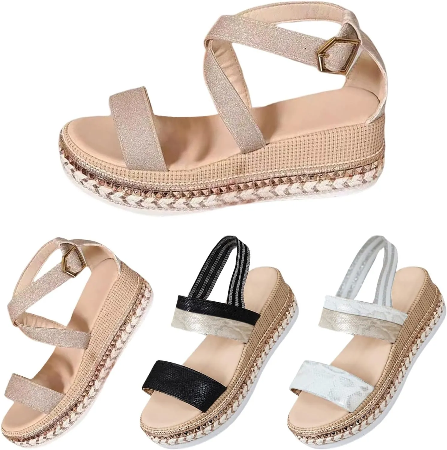 Women's Platform Sandals Buckle Ankle Strap Espadrille Open Toe Boho Wedge Sandals with Arch Support Dressy Slip On Walking Shoes