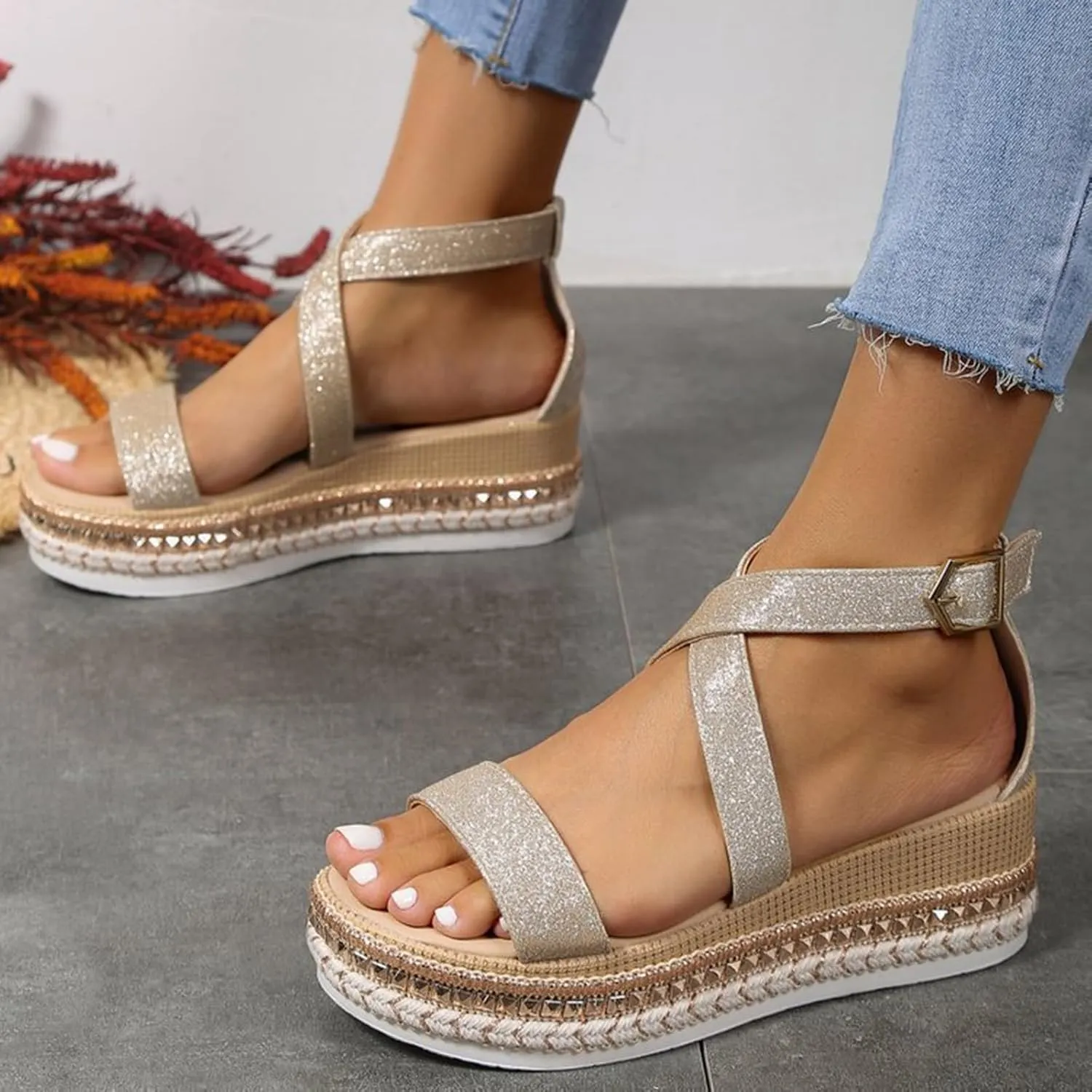 Women's Platform Sandals Buckle Ankle Strap Espadrille Open Toe Boho Wedge Sandals with Arch Support Dressy Slip On Walking Shoes