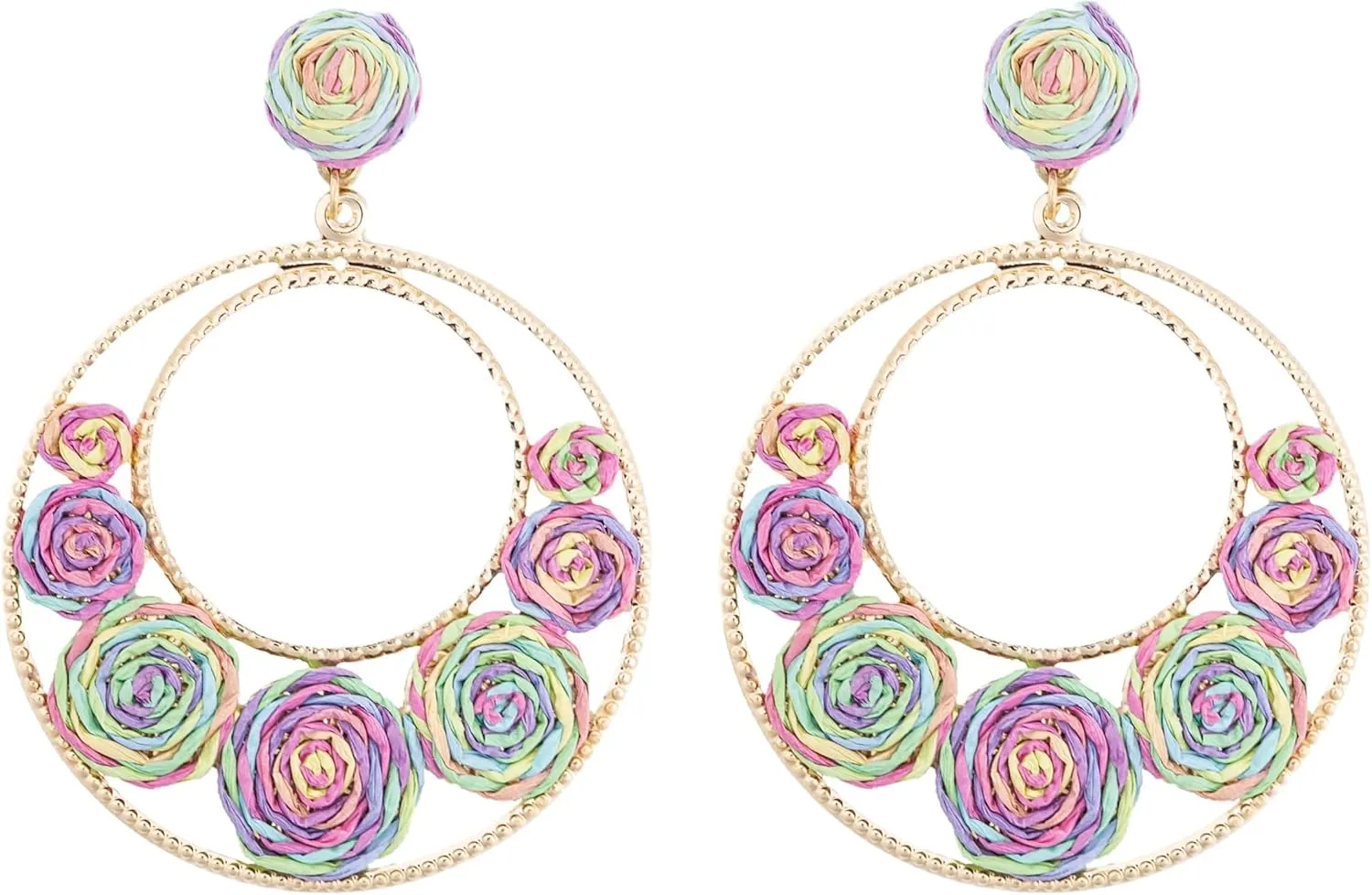 Womens Raffia Flower Hoop Dangle Earrings Bohemian Round Chic Wave Straw Rattan Drop Earrings Unique Summer Beach Fashion Jewelry Statement Earrings for Women Party Daily Wear