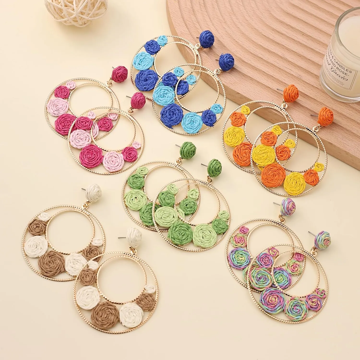 Womens Raffia Flower Hoop Dangle Earrings Bohemian Round Chic Wave Straw Rattan Drop Earrings Unique Summer Beach Fashion Jewelry Statement Earrings for Women Party Daily Wear