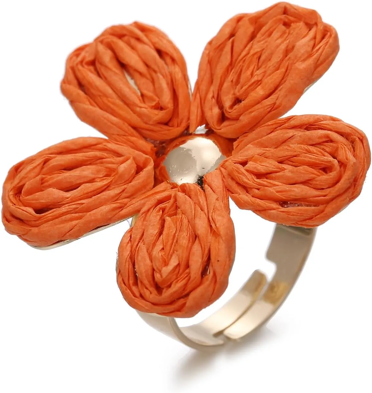 Women's Raffia Flower Ring, Handmade Adjustable Spring Summer Jewelry