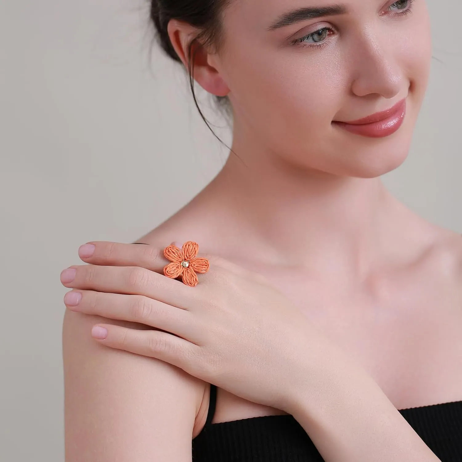 Women's Raffia Flower Ring, Handmade Adjustable Spring Summer Jewelry