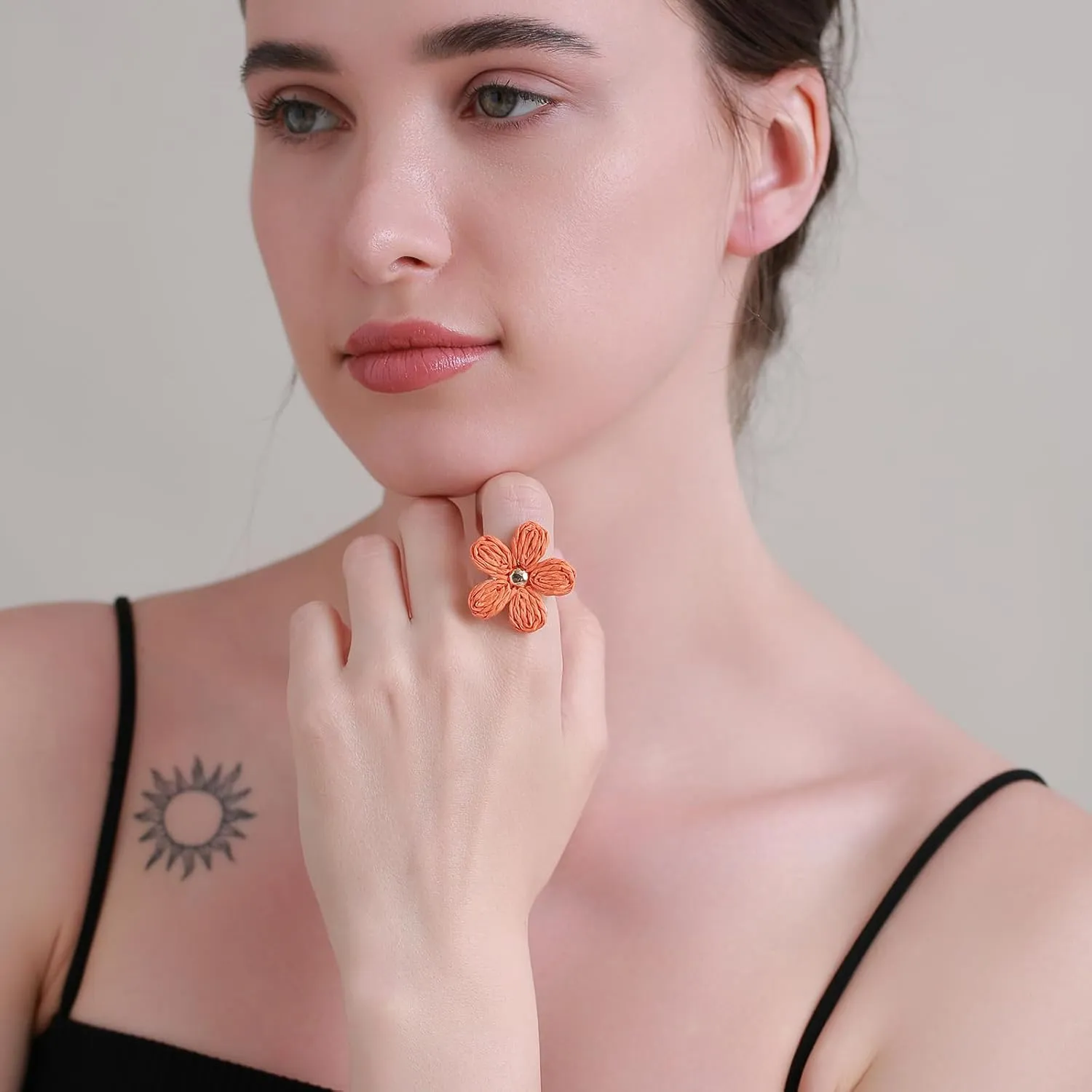 Women's Raffia Flower Ring, Handmade Adjustable Spring Summer Jewelry