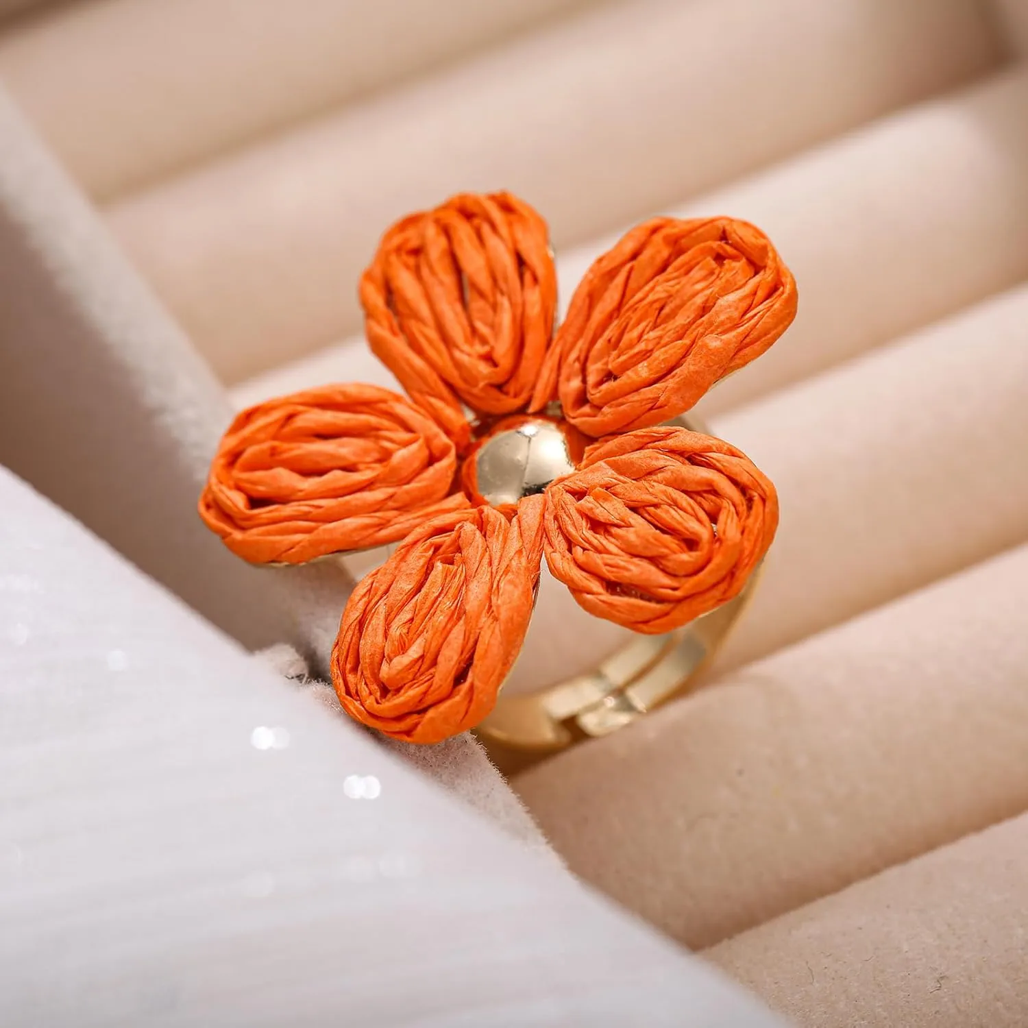 Women's Raffia Flower Ring, Handmade Adjustable Spring Summer Jewelry