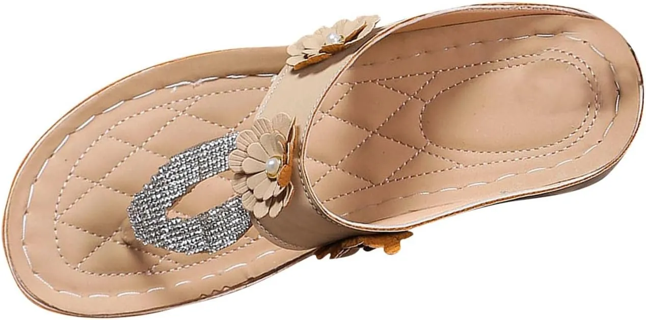 Womens Rhinestones Flip Flops Comfortable Arch Support Beach Sandal Low Wedge Thong Sandals Walking Non-Slip Slides