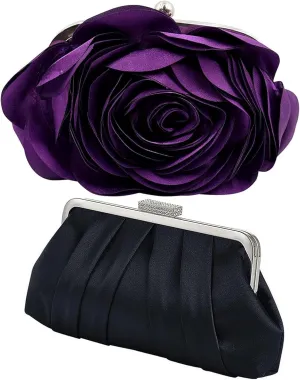 Women's Rose Clutch Bag with Detachable Chain. Wedding, Party Clutch, Pleated Satin Shoulder Envelope, Formal Handbag, Simple and Elegant Wallet