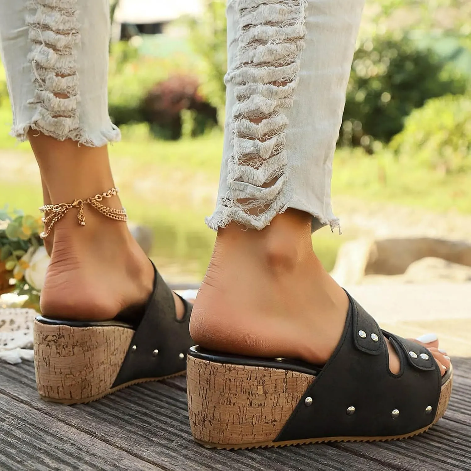 Womens Sandals Comfortable Dressy 2 Adjustable Buckle Slippers Sandal With Arch Support Slip On Outdoor Slipper Wedge Flats