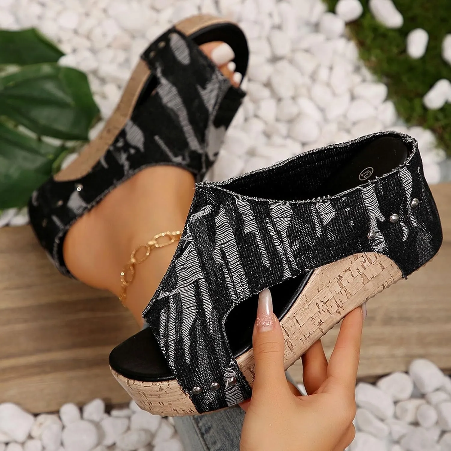 Womens Sandals Comfortable Dressy 2 Adjustable Buckle Slippers Sandal With Arch Support Slip On Outdoor Slipper Wedge Flats