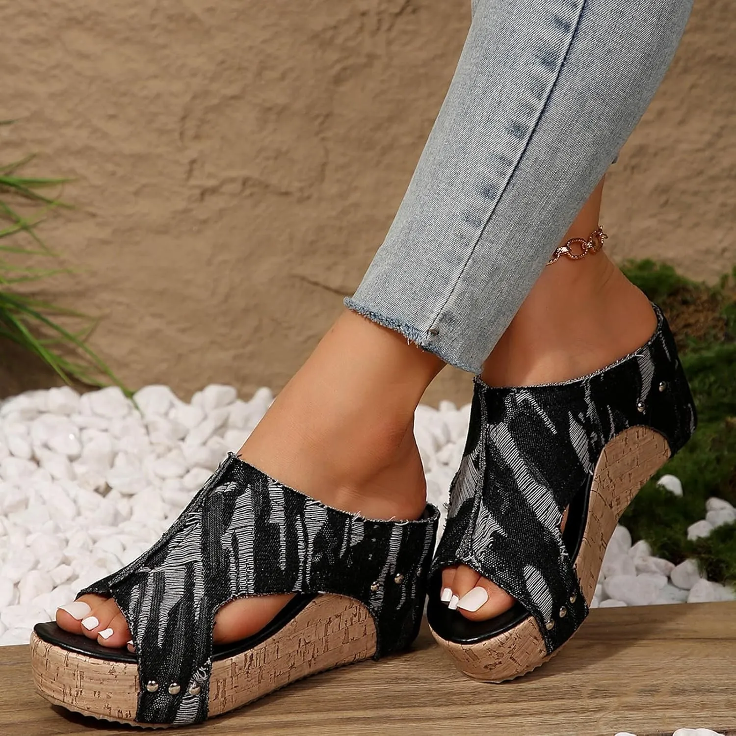 Womens Sandals Comfortable Dressy 2 Adjustable Buckle Slippers Sandal With Arch Support Slip On Outdoor Slipper Wedge Flats