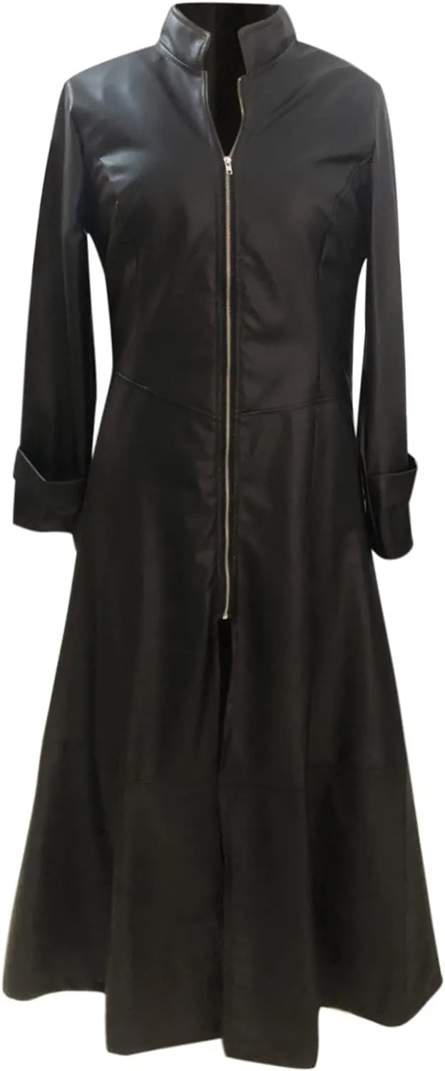 Womens Sexy Faux Leather Jacket Long Windbreaker Moto Coat Trendy Full Sleeve Zip up Trench Outerwear Bodycon Dress