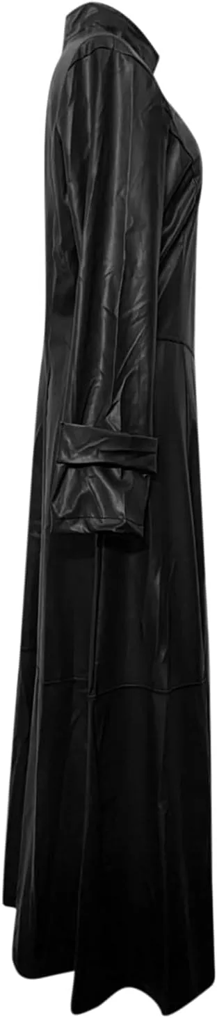 Womens Sexy Faux Leather Jacket Long Windbreaker Moto Coat Trendy Full Sleeve Zip up Trench Outerwear Bodycon Dress
