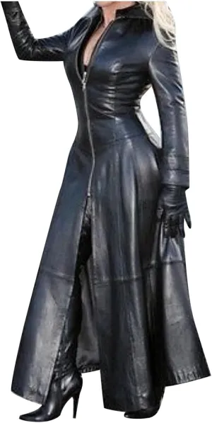 Womens Sexy Faux Leather Jacket Long Windbreaker Moto Coat Trendy Full Sleeve Zip up Trench Outerwear Bodycon Dress