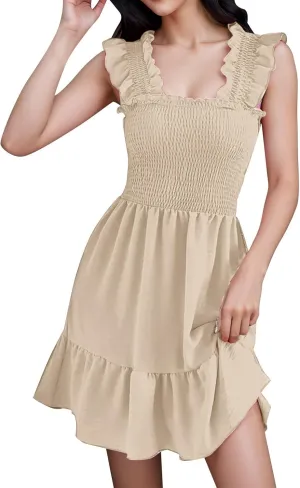 Womens Summer Casual Sleeveless Dresses Square Neck 2024 Trendy Beach Sundress Smocked Ruffle Backless Boho Mini Dress