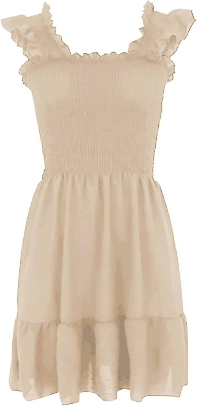 Womens Summer Casual Sleeveless Dresses Square Neck 2024 Trendy Beach Sundress Smocked Ruffle Backless Boho Mini Dress