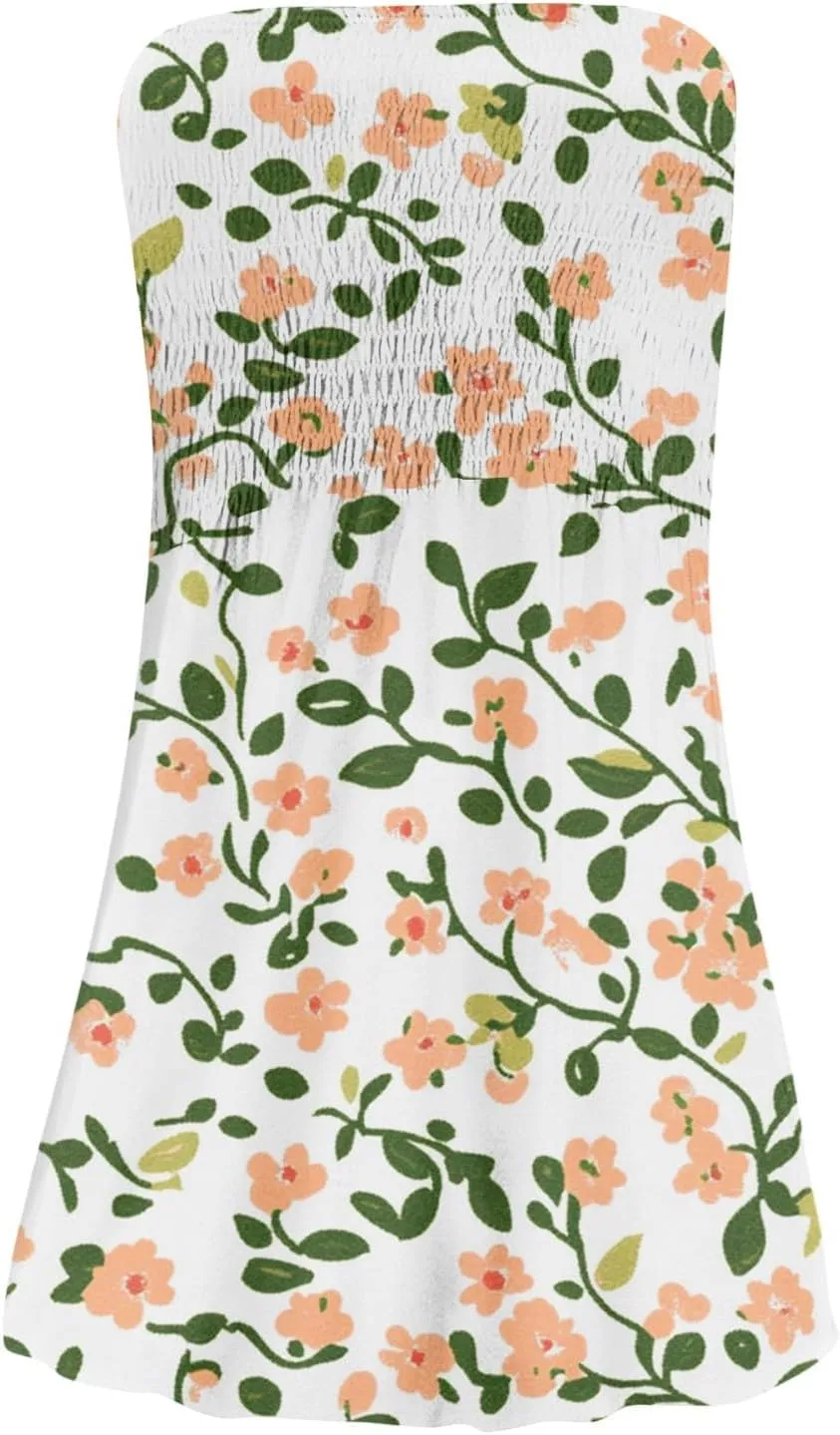 Womens Summer Sexy Strapless Tube Dress Flowy Ruffle Vibrant Floral Mini Dresses Backless A Line Short Sundress