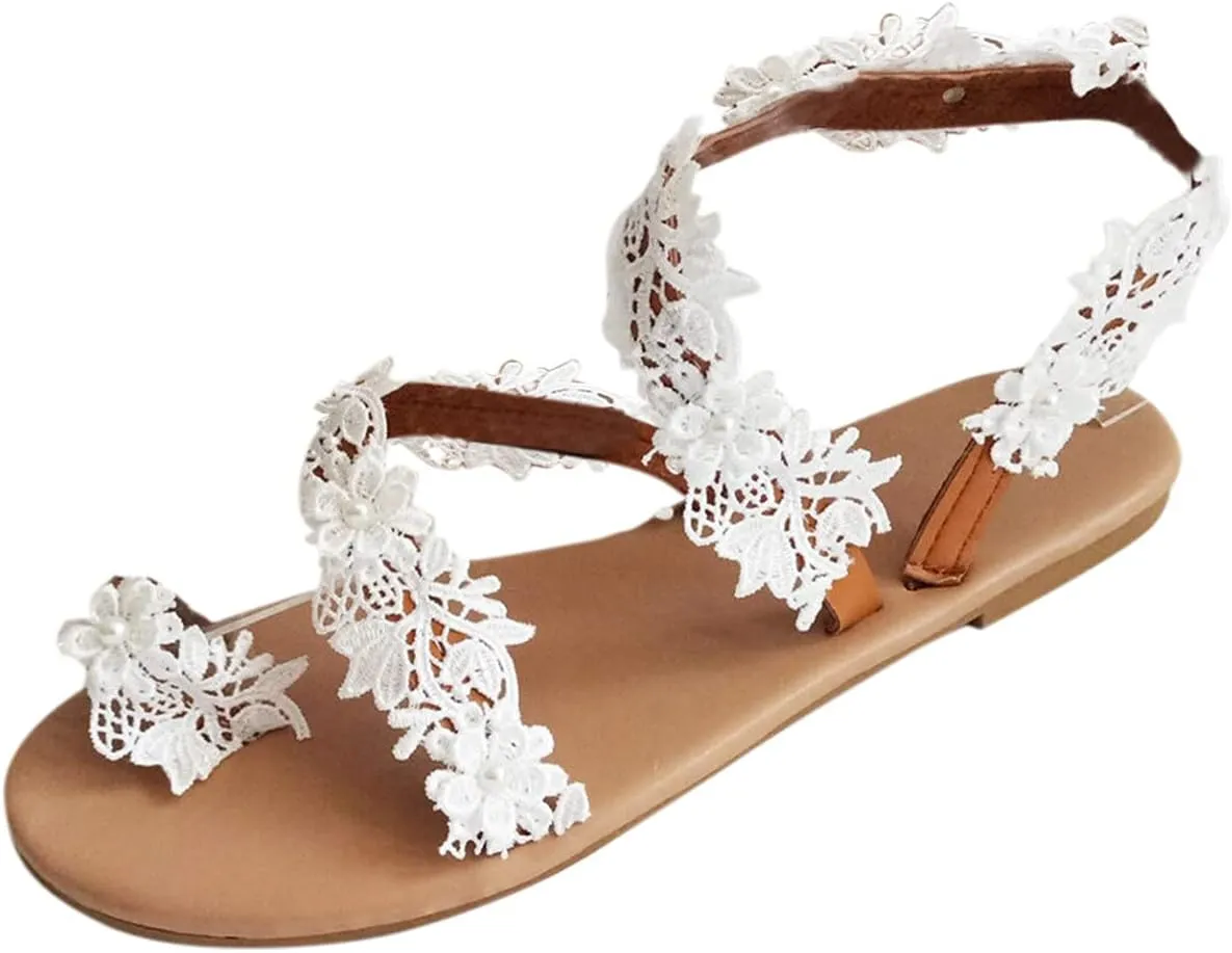 Women's Thong Flat Sandals Casual Lace Floral Beach Flip Flop Summer Toe Ring Roman Dressy Sandal Comfy Dress Shoes