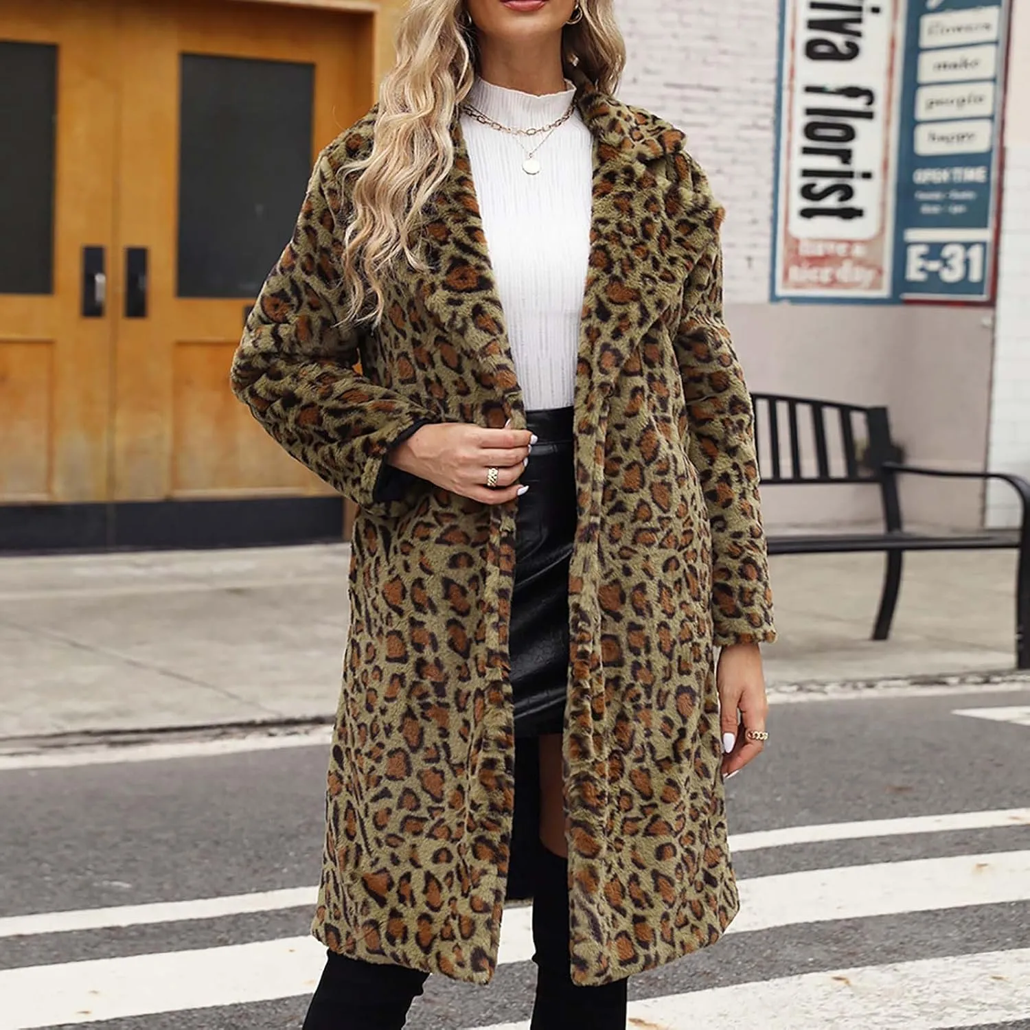 Womens Trendy Leopard Overcoat Warm Faux Furry Long Coat with Pockets Winter Jackets Loose Cardigan Outerwear