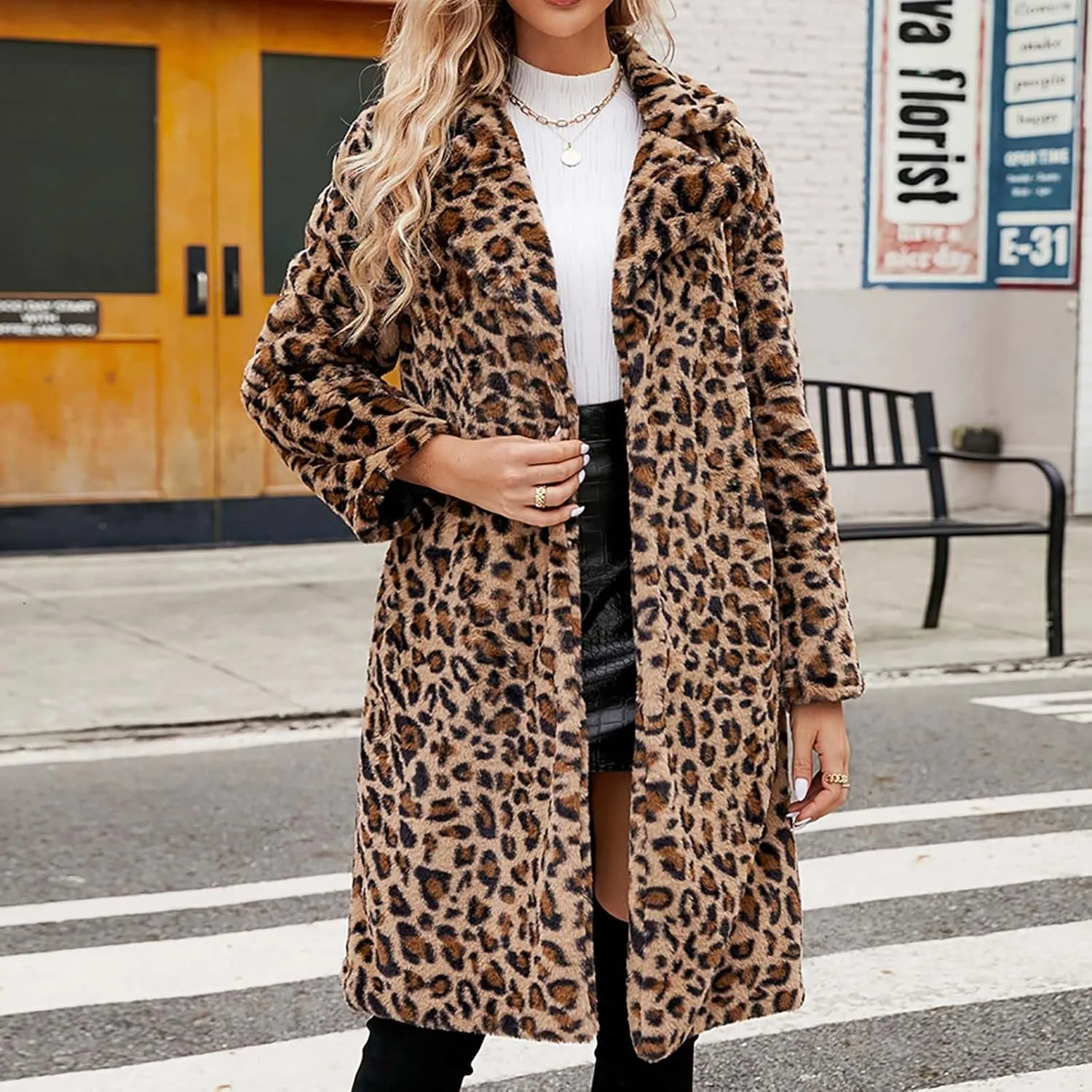 Womens Trendy Leopard Overcoat Warm Faux Furry Long Coat with Pockets Winter Jackets Loose Cardigan Outerwear