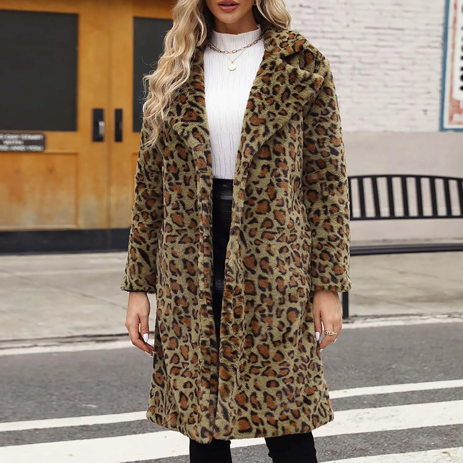 Womens Trendy Leopard Overcoat Warm Faux Furry Long Coat with Pockets Winter Jackets Loose Cardigan Outerwear