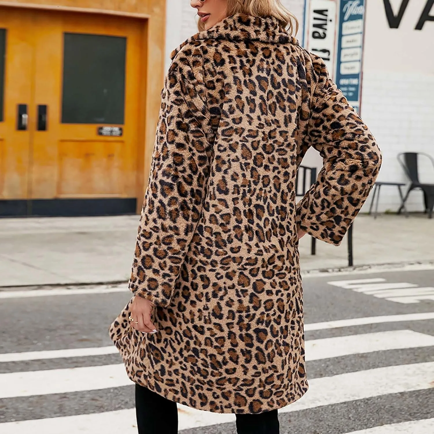 Womens Trendy Leopard Overcoat Warm Faux Furry Long Coat with Pockets Winter Jackets Loose Cardigan Outerwear