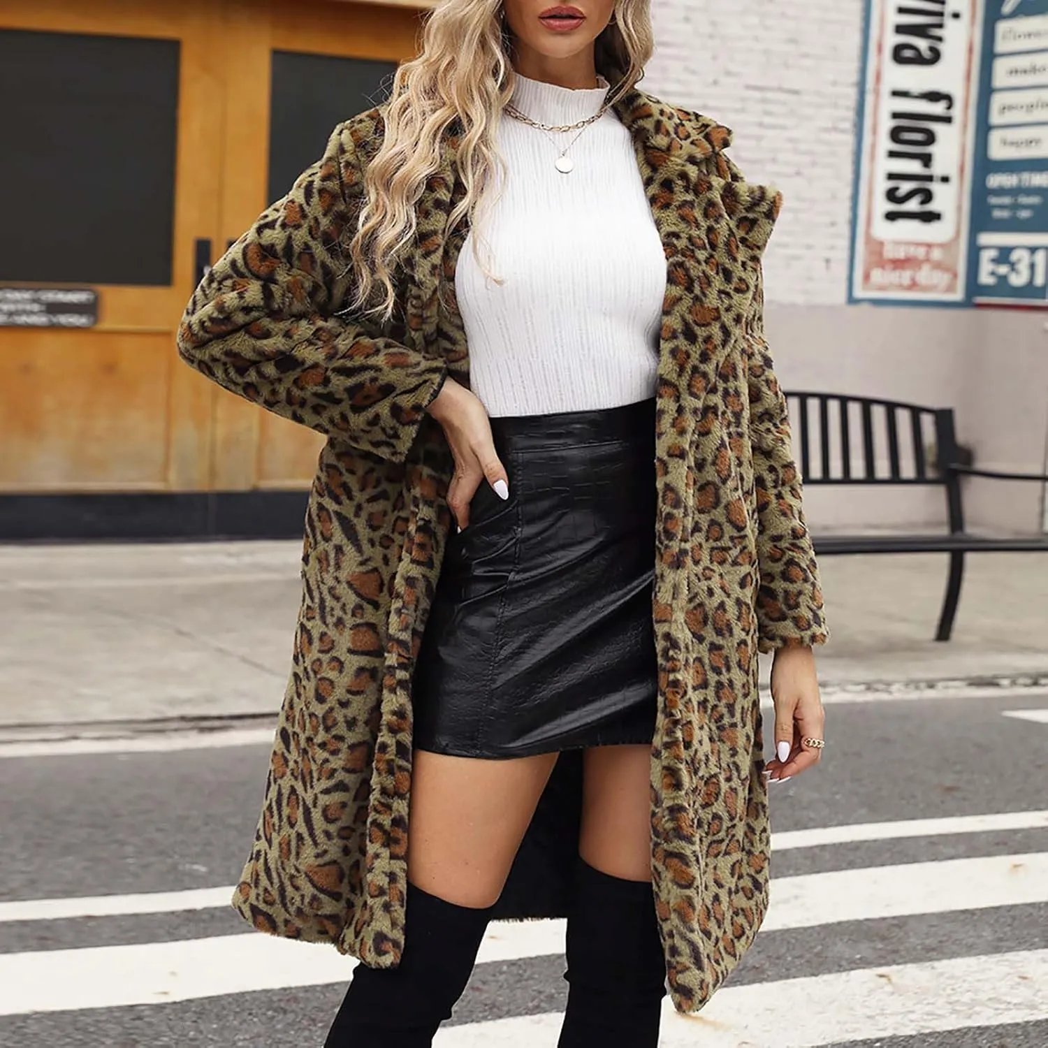 Womens Trendy Leopard Overcoat Warm Faux Furry Long Coat with Pockets Winter Jackets Loose Cardigan Outerwear