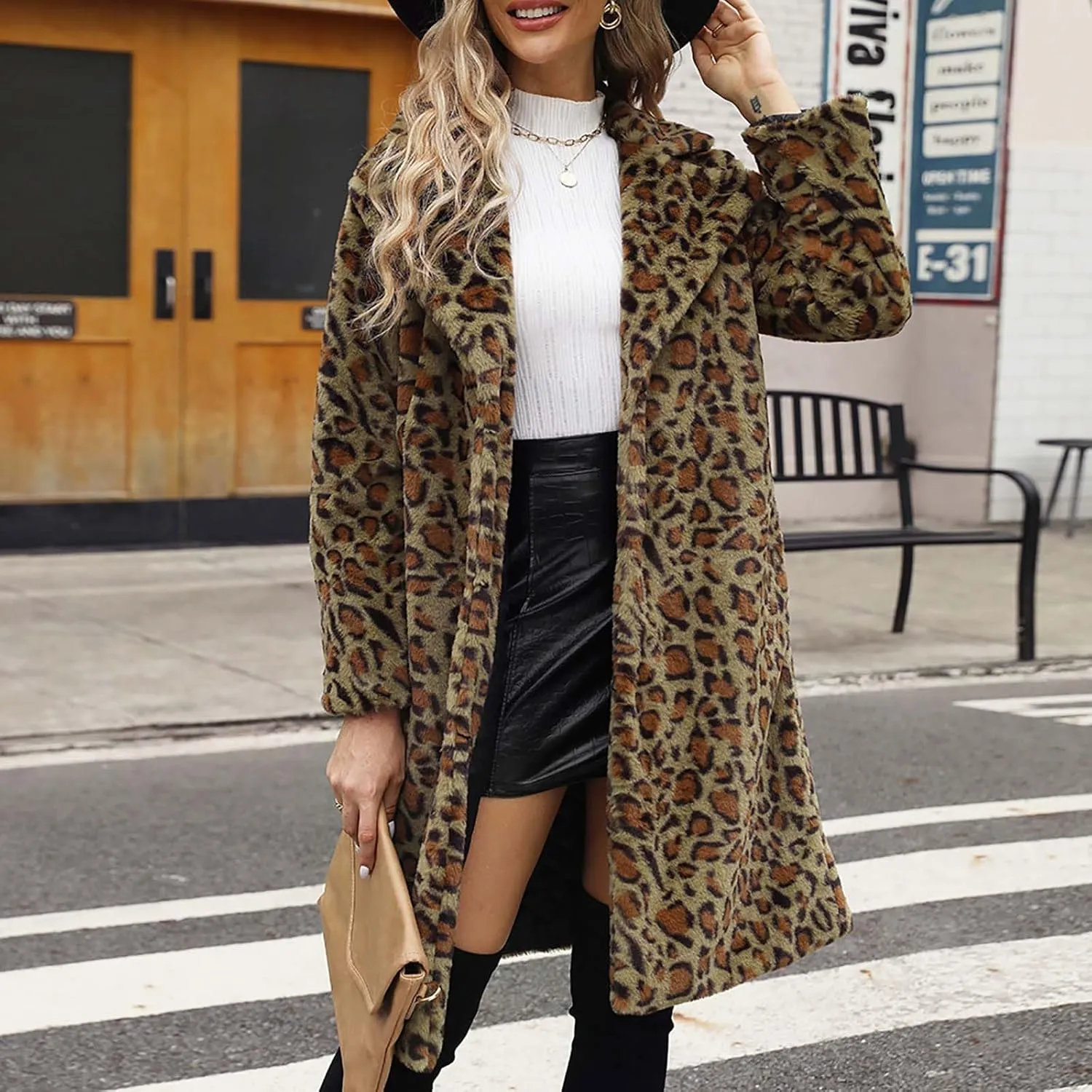 Womens Trendy Leopard Overcoat Warm Faux Furry Long Coat with Pockets Winter Jackets Loose Cardigan Outerwear