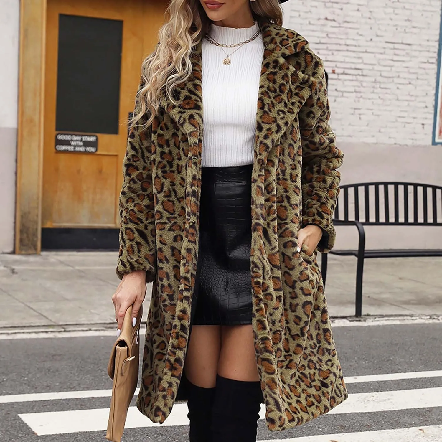 Womens Trendy Leopard Overcoat Warm Faux Furry Long Coat with Pockets Winter Jackets Loose Cardigan Outerwear