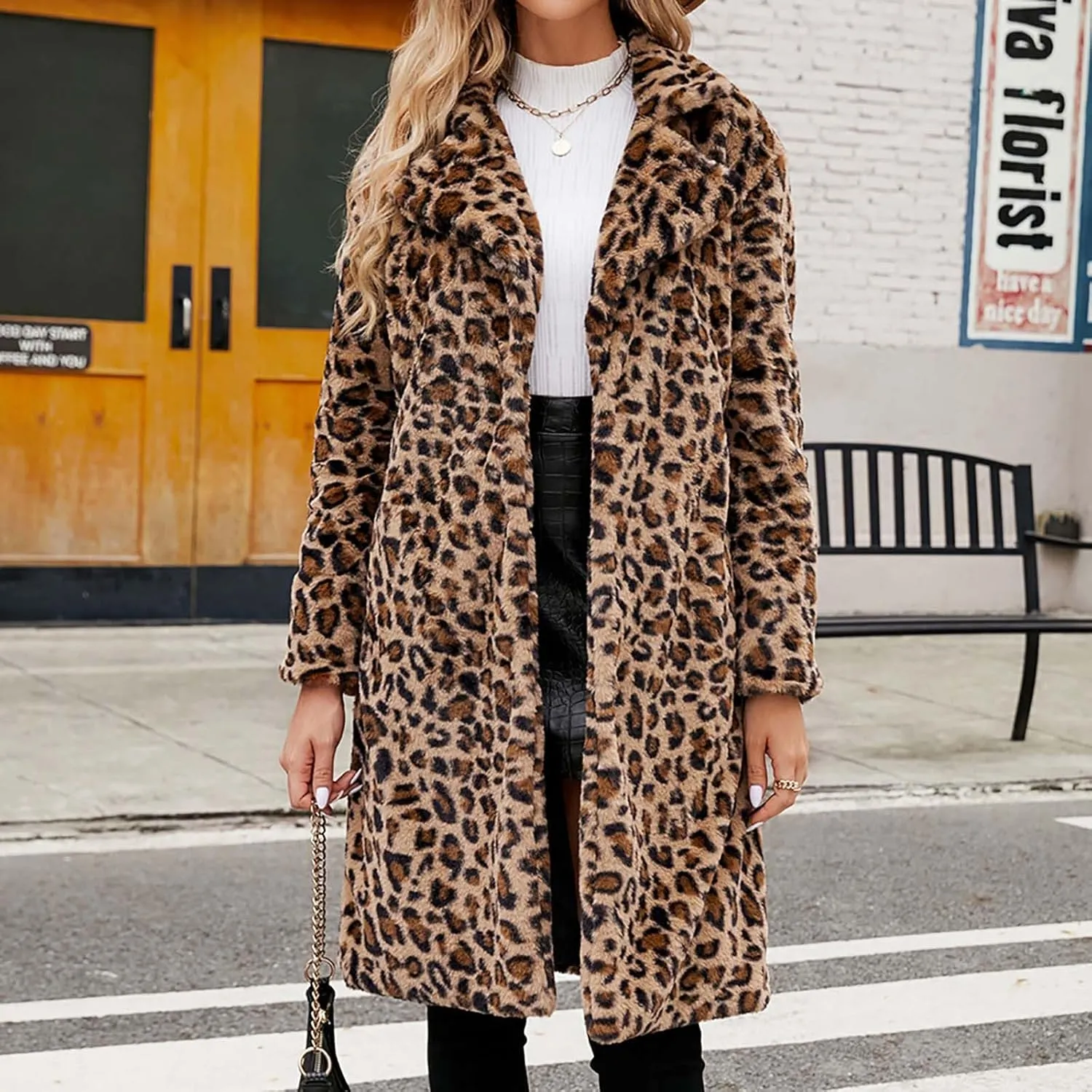 Womens Trendy Leopard Overcoat Warm Faux Furry Long Coat with Pockets Winter Jackets Loose Cardigan Outerwear