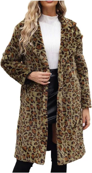 Womens Trendy Leopard Overcoat Warm Faux Furry Long Coat with Pockets Winter Jackets Loose Cardigan Outerwear