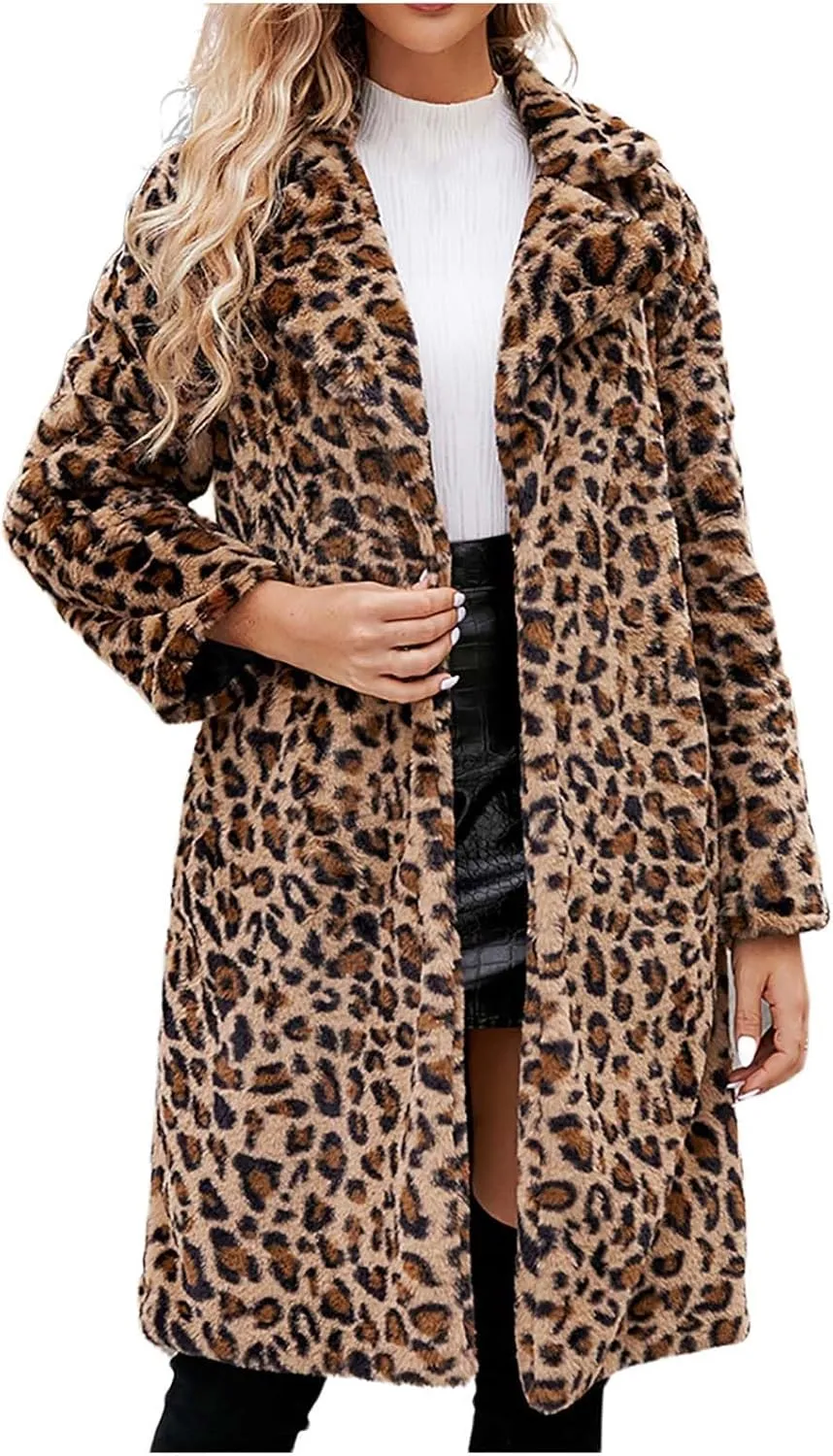 Womens Trendy Leopard Overcoat Warm Faux Furry Long Coat with Pockets Winter Jackets Loose Cardigan Outerwear