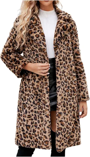 Womens Trendy Leopard Overcoat Warm Faux Furry Long Coat with Pockets Winter Jackets Loose Cardigan Outerwear