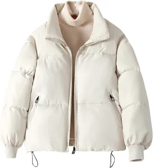 Women's Trendy Puffer Jacket Zipper Long Sleeve Thicken Warm Loose Casual Down Coat Cardigan Lapel Short Bread Jacket
