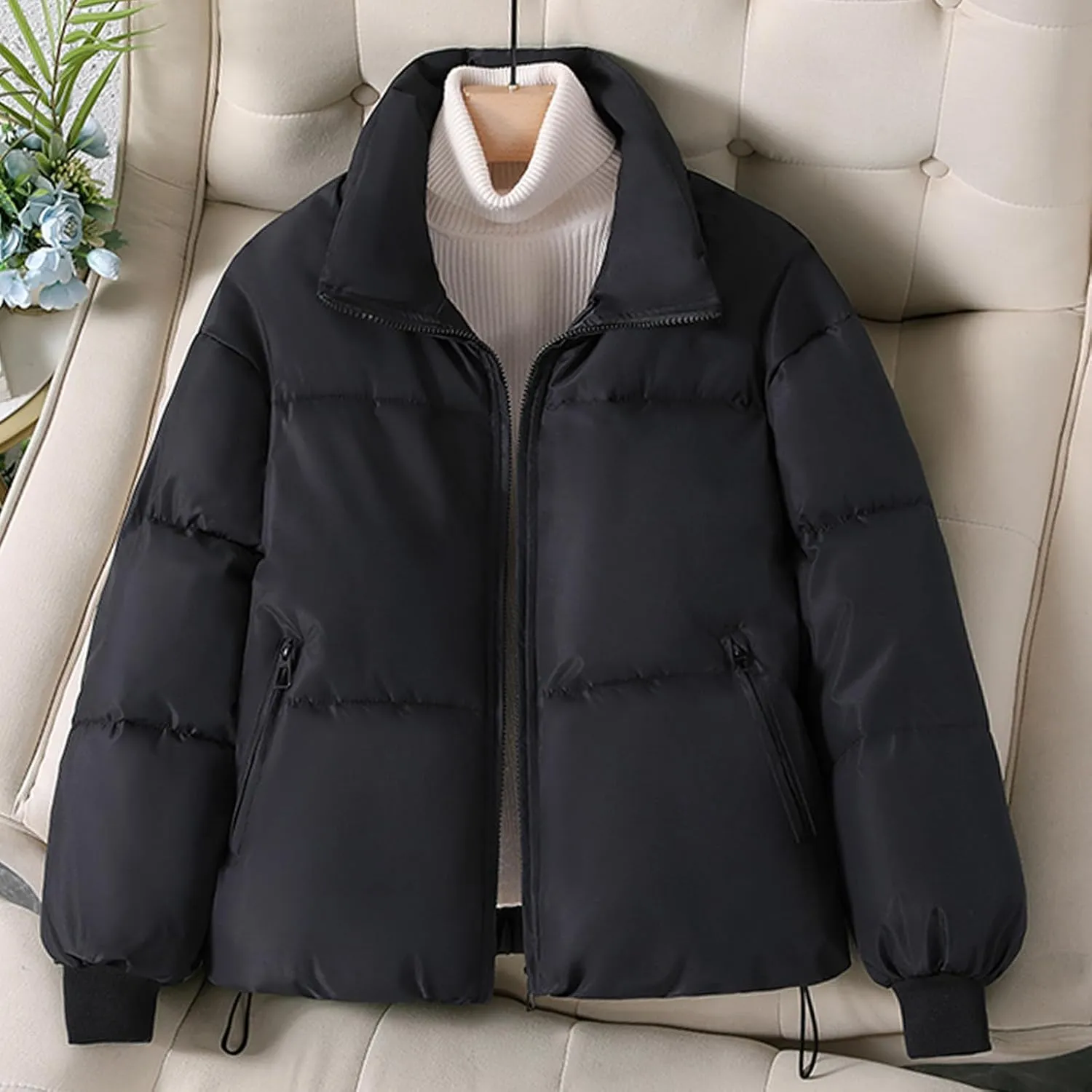 Women's Trendy Puffer Jacket Zipper Long Sleeve Thicken Warm Loose Casual Down Coat Cardigan Lapel Short Bread Jacket