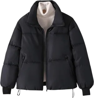 Women's Trendy Puffer Jacket Zipper Long Sleeve Thicken Warm Loose Casual Down Coat Cardigan Lapel Short Bread Jacket