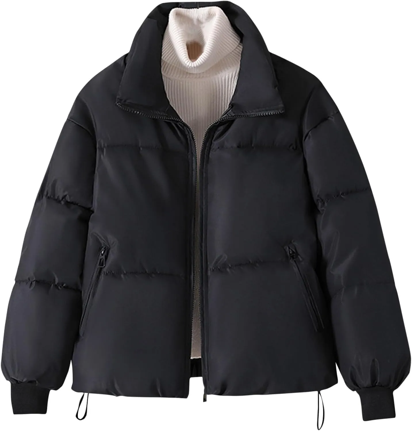 Women's Trendy Puffer Jacket Zipper Long Sleeve Thicken Warm Loose Casual Down Coat Cardigan Lapel Short Bread Jacket