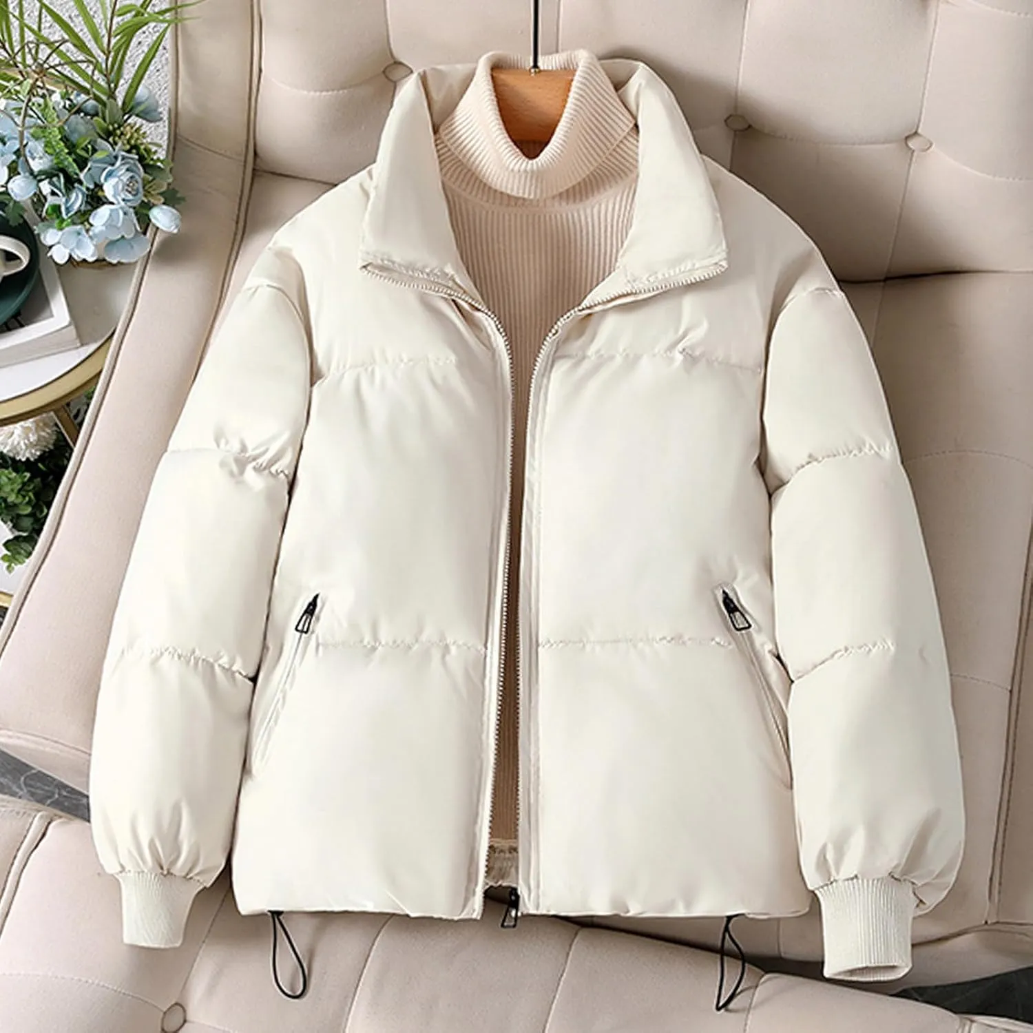 Women's Trendy Puffer Jacket Zipper Long Sleeve Thicken Warm Loose Casual Down Coat Cardigan Lapel Short Bread Jacket