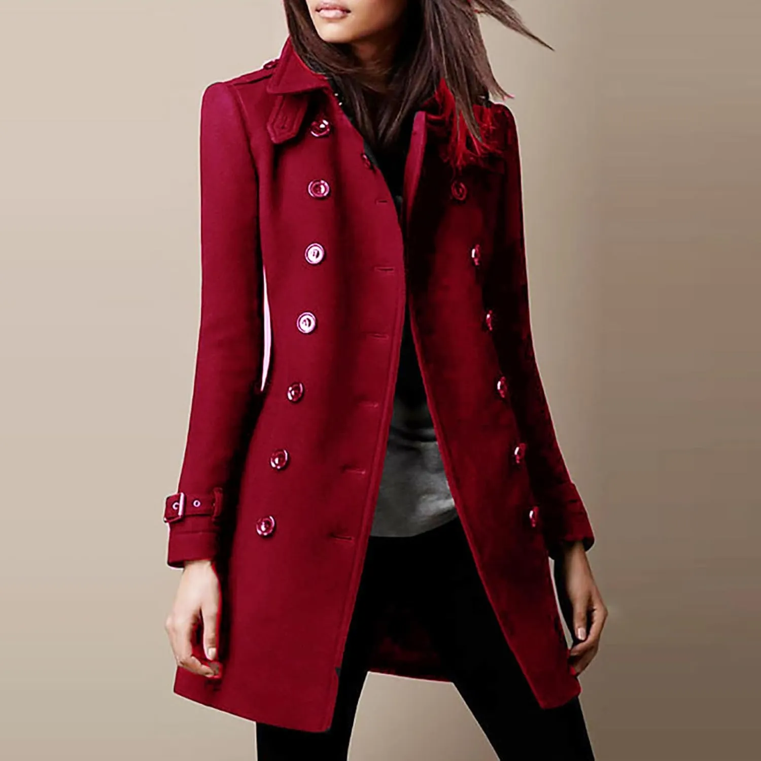 Women's Trendy Woolen Coat Long Sleeve Button V-Neck Casual Jacket Cardigan Solid Color Slim Fashion Overcoat
