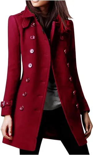 Women's Trendy Woolen Coat Long Sleeve Button V-Neck Casual Jacket Cardigan Solid Color Slim Fashion Overcoat