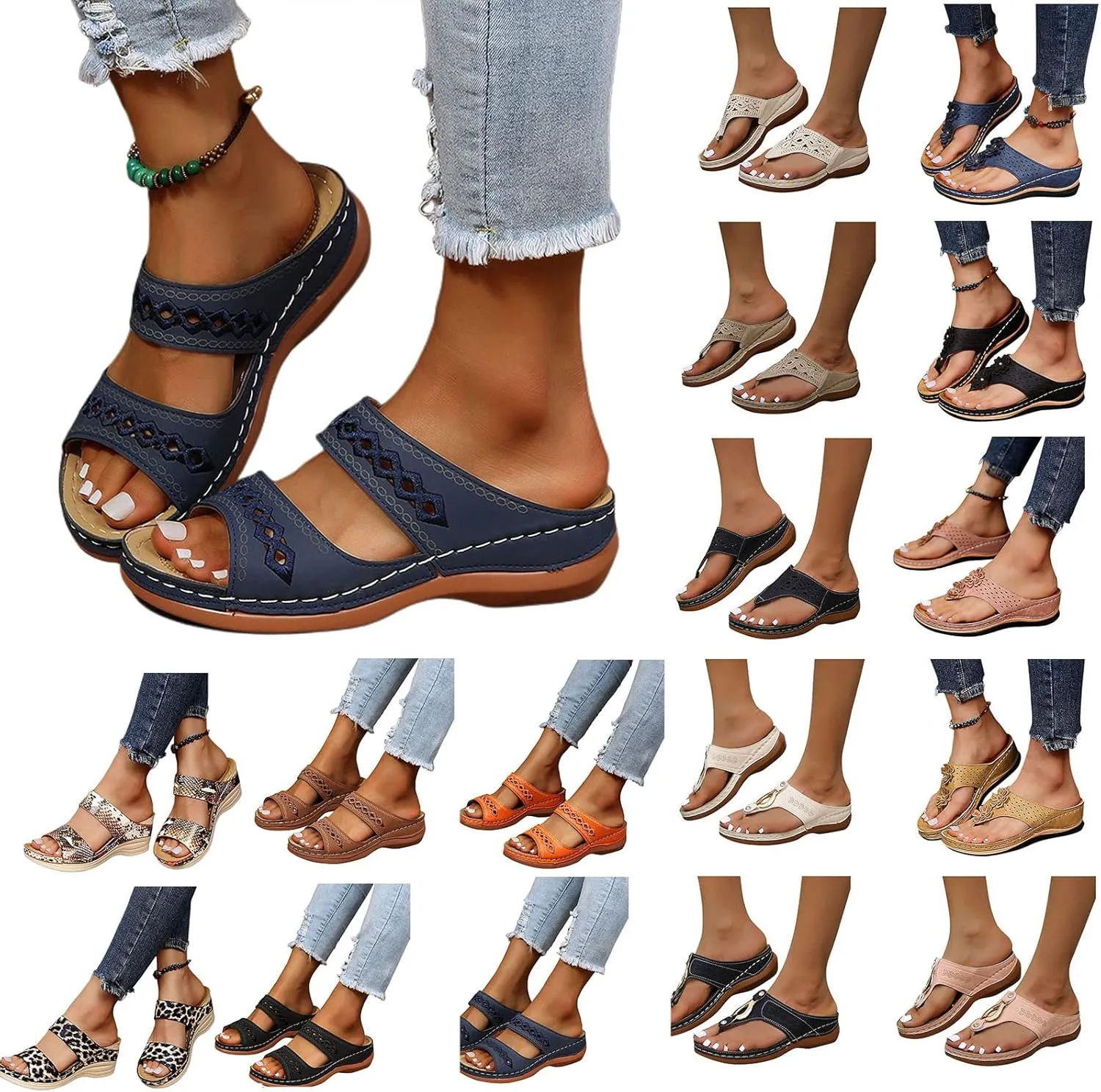 Womens Wedge Sandals Summer Dressy Open Toe Embroidered Wedges, Comfortable Walking Low Sandals Casual Slip on Orthopedic Sandal Slippers All Day Comfort