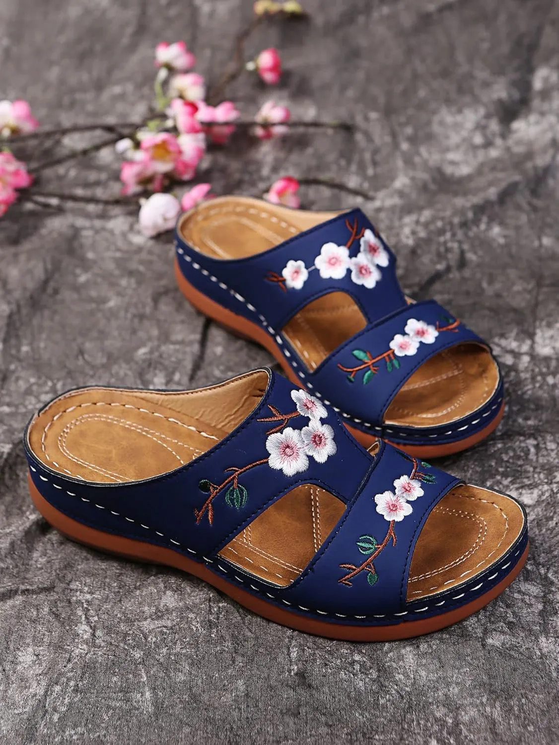 Womens Wedge Sandals Summer Dressy Open Toe Embroidered Wedges, Comfortable Walking Low Sandals Casual Slip on Orthopedic Sandal Slippers All Day Comfort