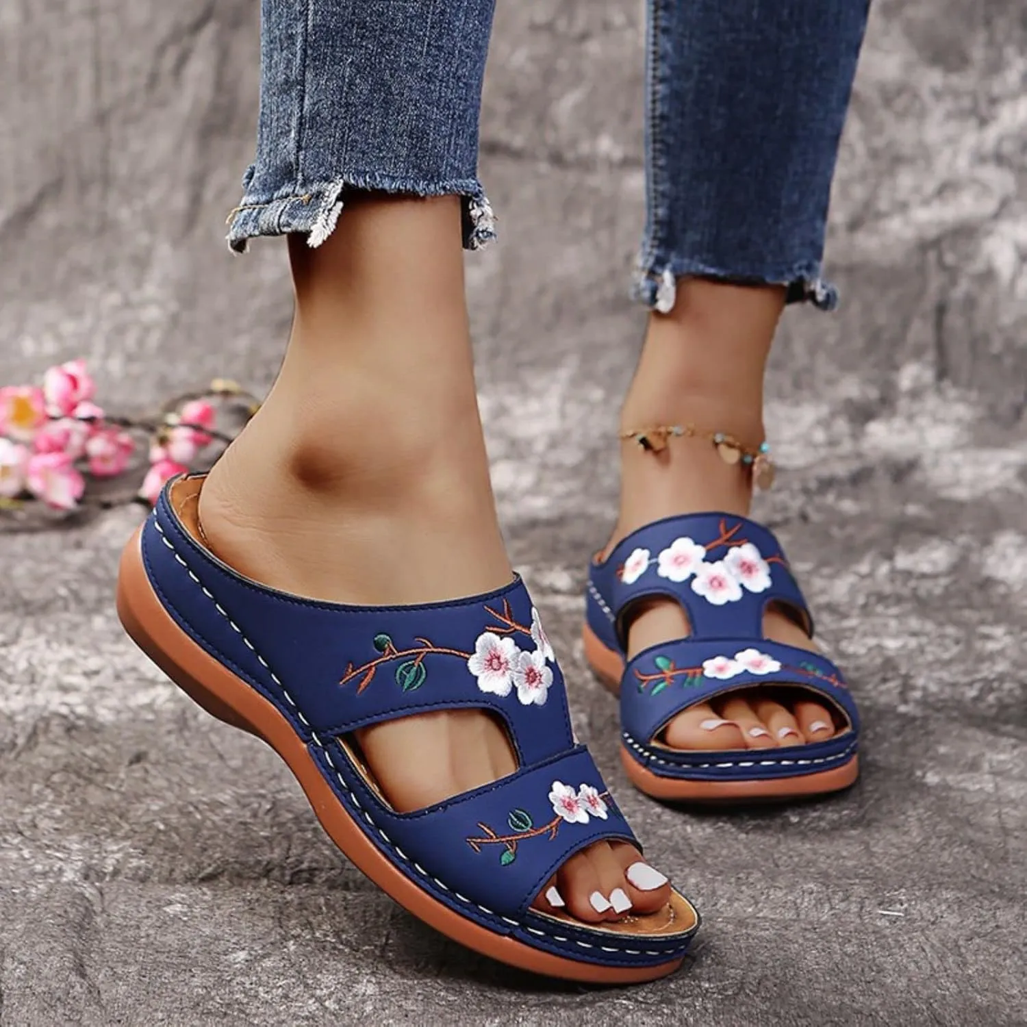 Womens Wedge Sandals Summer Dressy Open Toe Embroidered Wedges, Comfortable Walking Low Sandals Casual Slip on Orthopedic Sandal Slippers All Day Comfort